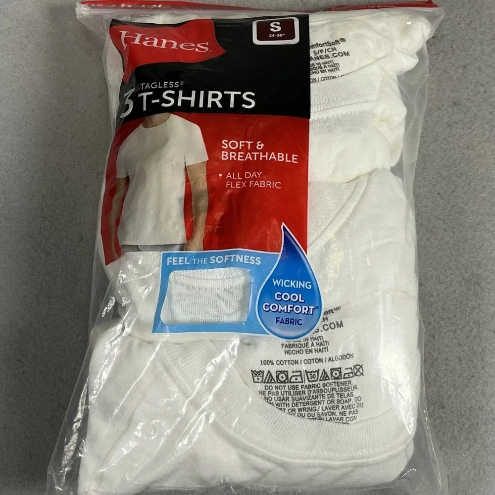 Hanes Men's ComfortSoft Tagless 3-Pack White T-Shirts Size Small 100% Cotton